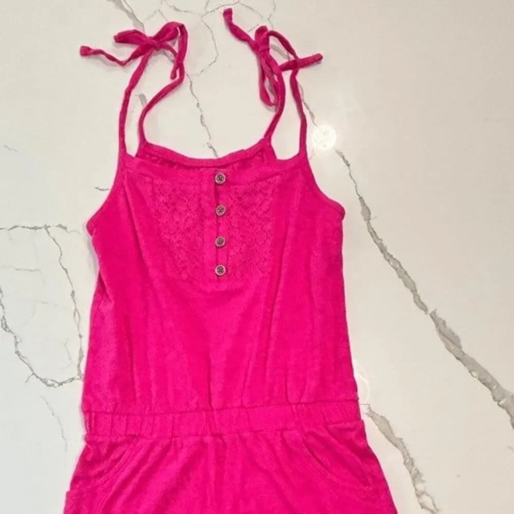 Old Navy Girls Spaghetti Tie Straps Button Accents Hot Pink Jumper Romper Size 8
